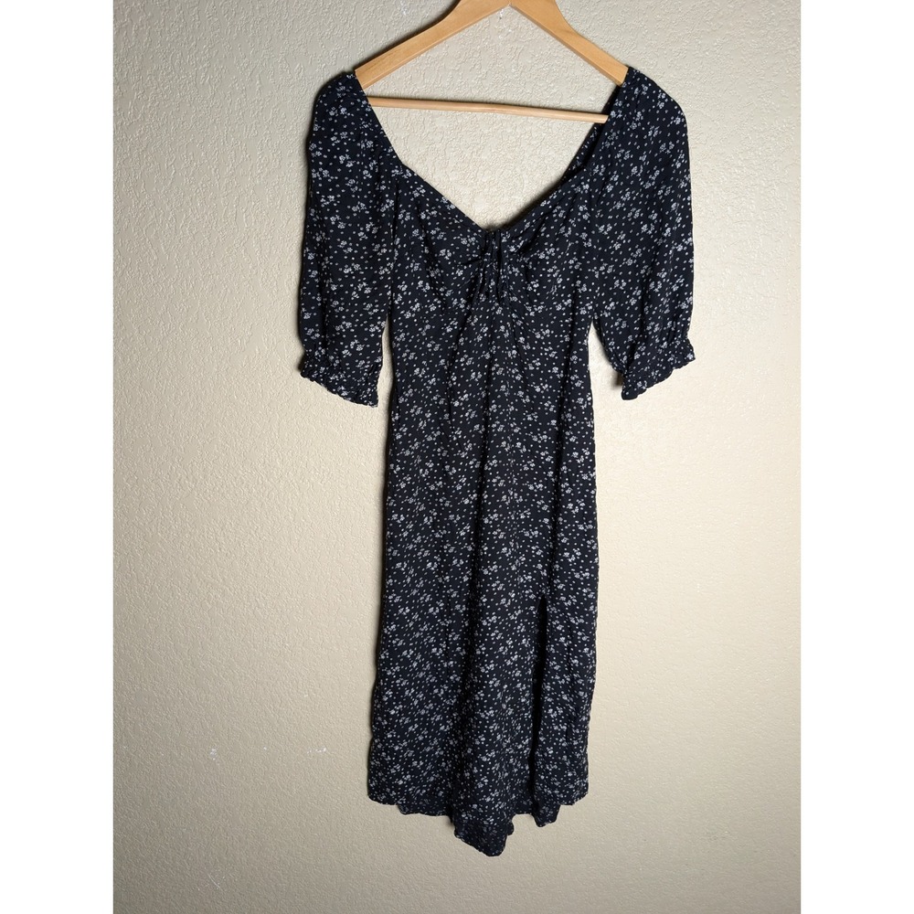 Hollister Black Floral Midi Dress Small Puff Sleeve Cottagecore Slit